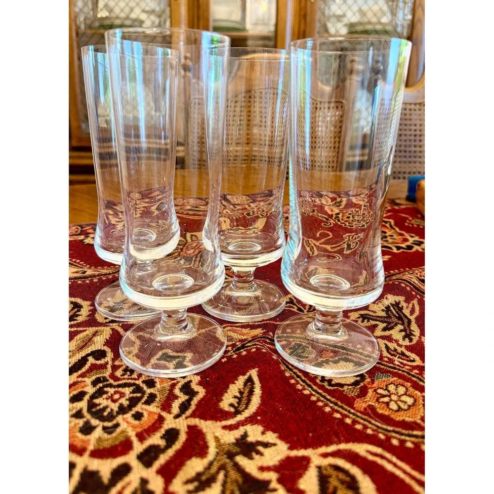 Vintage Krosno Poland Footed Glasses Set – 7.5 Clear Stem Modernist Tumblers‎